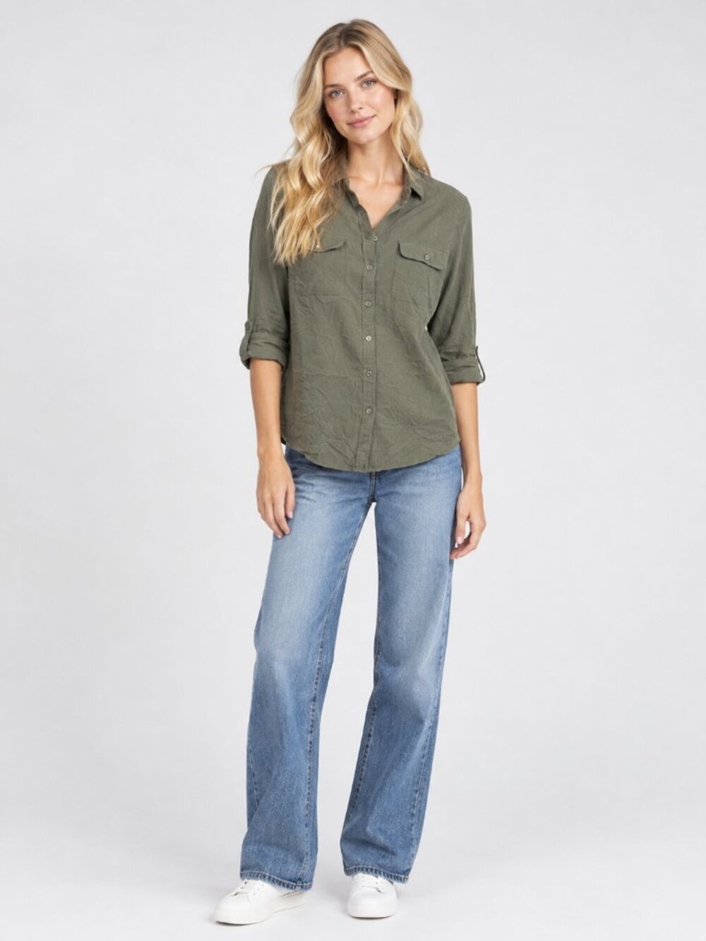 2/$30 Chico's Dual Chest Flaps Utility Button-Down Shirt Olive 12 #A6087